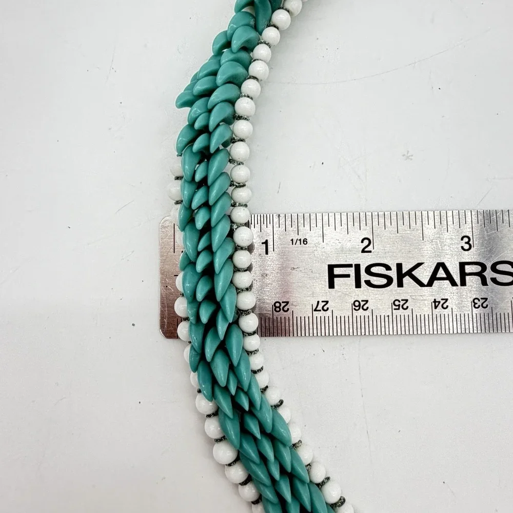Vtg Haskell Era Turquoise Milk Glass Choker Necklace Hand Made Blue White Spiked